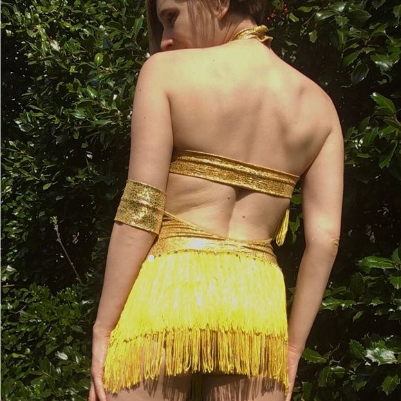 Golden Yellow Leotard with Rhinestones and Fringe - Picture 2 of 4
